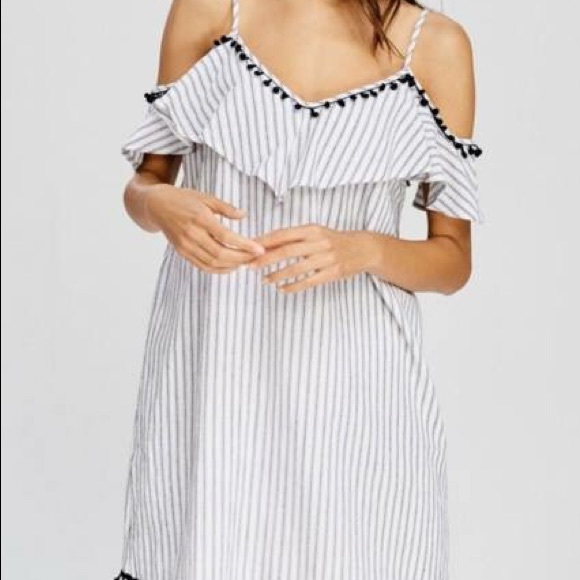 🎀NEW🎀Pinstripe and Pom-Pom Cold Shoulder Dress - Picture 3 of 8